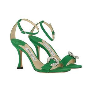 Jimmy Choo Marsai 90 Crystal Buckle Green Suede Sandals EU37.5